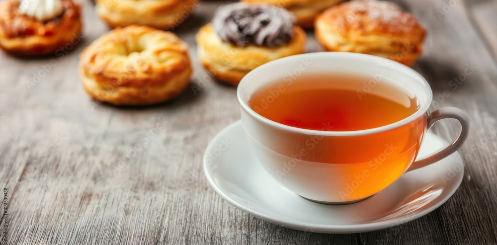 Tea break and relaxing time concept. Elegant Tea Setup with Delicate Teacup and Pastries Tea break and relaxing time concept. Elegant Tea Setup with Delicate Teacup and Pastries