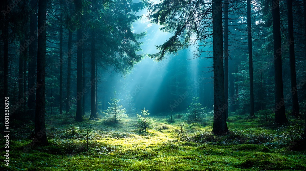 Mystical Forest Path With Sunlight Rays and Green Moss Mystical Forest Path With Sunlight Rays and Green Moss