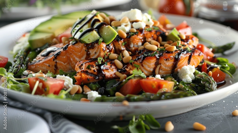 Grilled salmon with asparagus, avocado, tomatoes, and pine nuts, drizzled with balsamic vinaigrette. Grilled salmon with asparagus, avocado, tomatoes, and pine nuts, drizzled with balsamic vinaigrette.