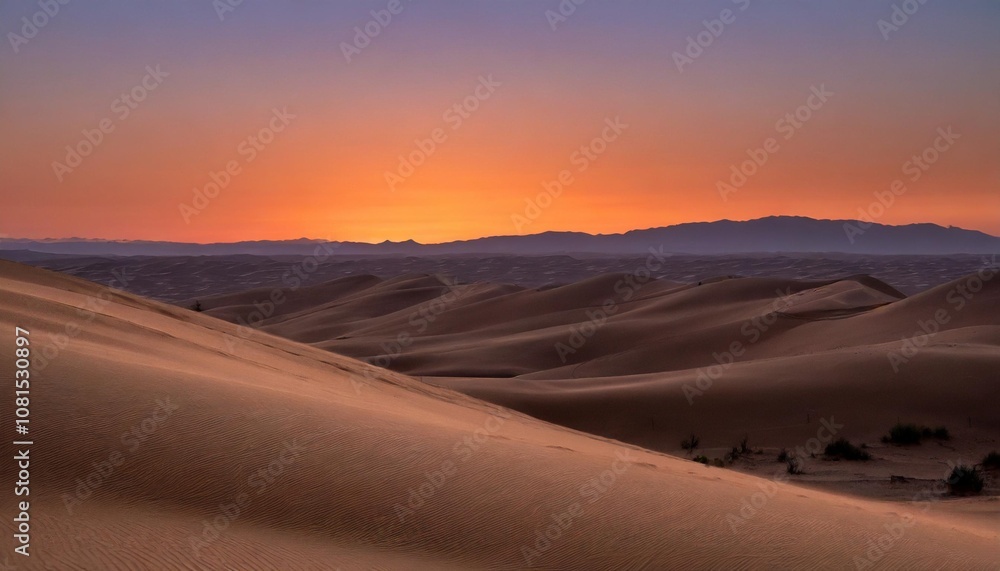Sunset Over the Vast Desert With Rolling Sand Dunes Glowing Golden Under the Fading Light, While the Sky Transitions From Orange to Deep Purple in the Distance Sunset Over the Vast Desert With Rolling Sand Dunes Glowing Golden Under the Fading Light, While the Sky Transitions From Orange to Deep Purple in the Distance