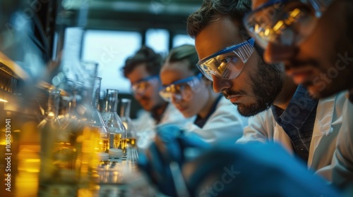 A team of scientists working in a laboratory, conducting experiments with chemicals.