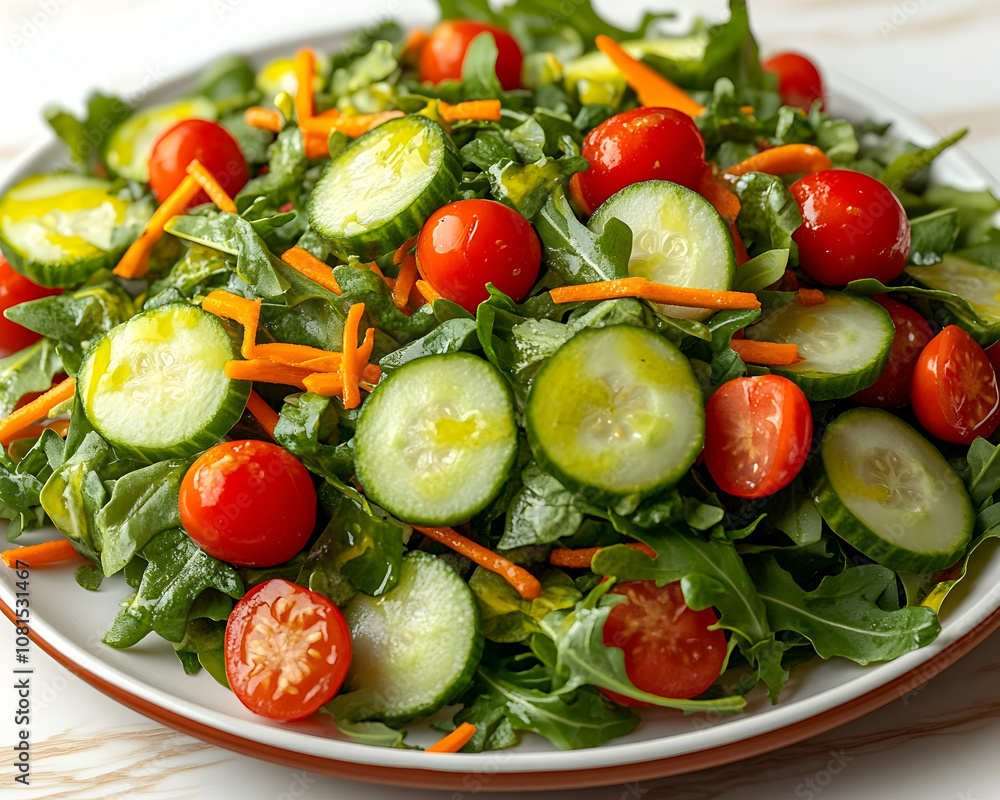 A fresh salad with arugula, cucumbers, cherry tomatoes, and carrots. A fresh salad with arugula, cucumbers, cherry tomatoes, and carrots.