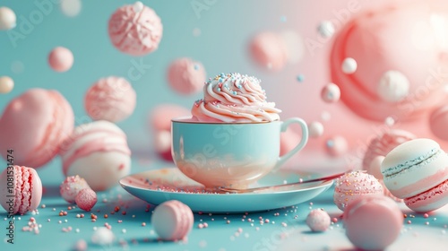 Whimsical pastel-colored dessert scene with floating treats