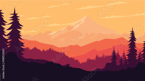 Beautiful Mountain Nature Landscape with Pine Fir Tree in the Forest at Sunset Sunrise