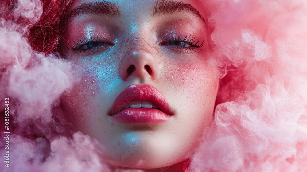 Close-up portrait of a woman with dewy skin surrounded by pink smoke Close-up portrait of a woman with dewy skin surrounded by pink smoke