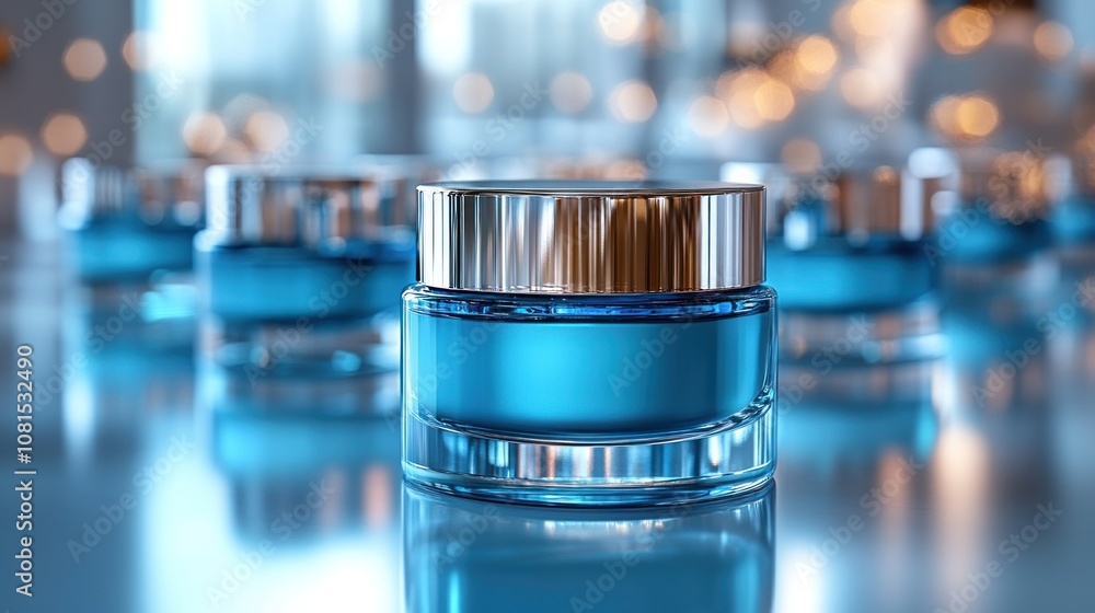 A close-up of blue cosmetic jars with shiny lids on a reflective surface. A close-up of blue cosmetic jars with shiny lids on a reflective surface.