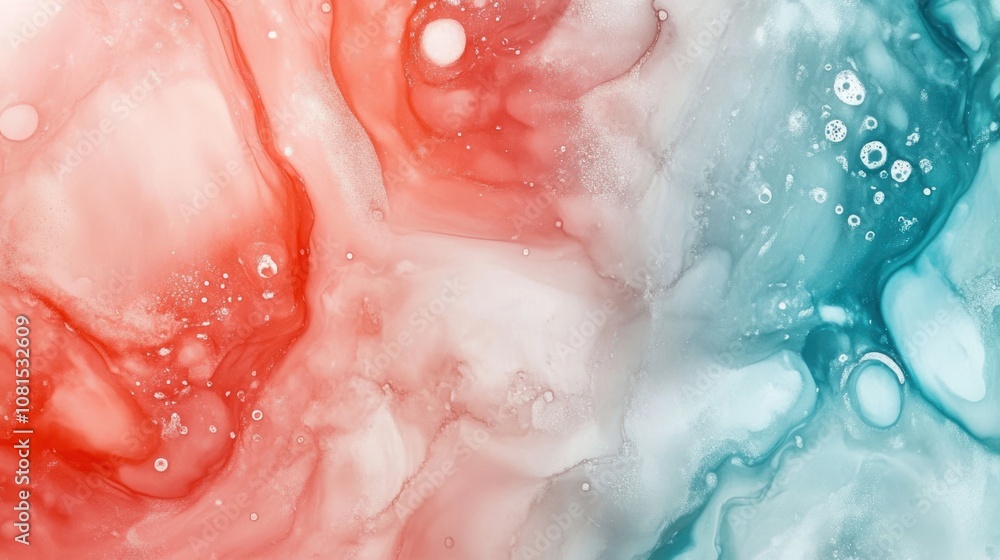 Fototapeta premium Abstract fluid art blending red and blue hues with soft textures and bubbles.