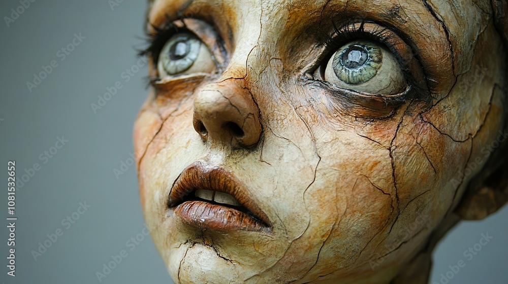 Close-Up Portrait of a Realistic Wooden Sculpture of a Human Face Close-Up Portrait of a Realistic Wooden Sculpture of a Human Face