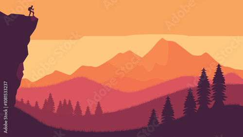 Hiker Silhouette on the Top of Cliff with Mountain Landscape and Pine Tree in the Forest at Sunset