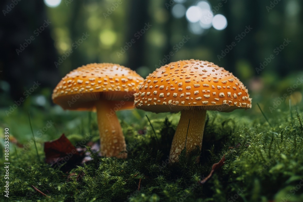 Two bright orange mushrooms with white spots growing in a bed of green moss with a blurred forest background. Two bright orange mushrooms with white spots growing in a bed of green moss with a blurred forest background.