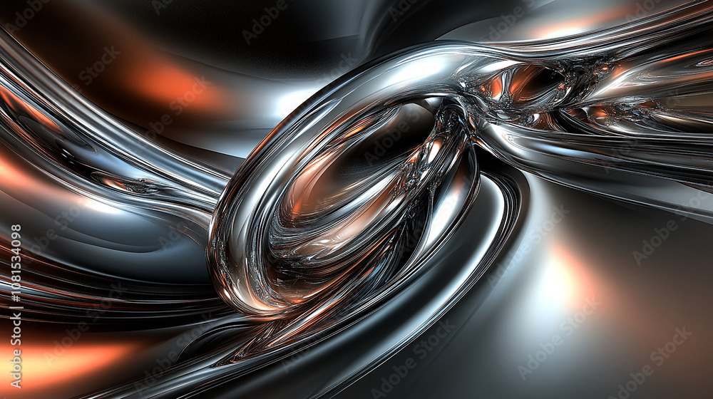 Abstract 3D rendering of metallic liquid with an orange glow. Abstract 3D rendering of metallic liquid with an orange glow.