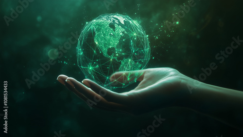 Green technology concept. Hand holding green digital earth. photo