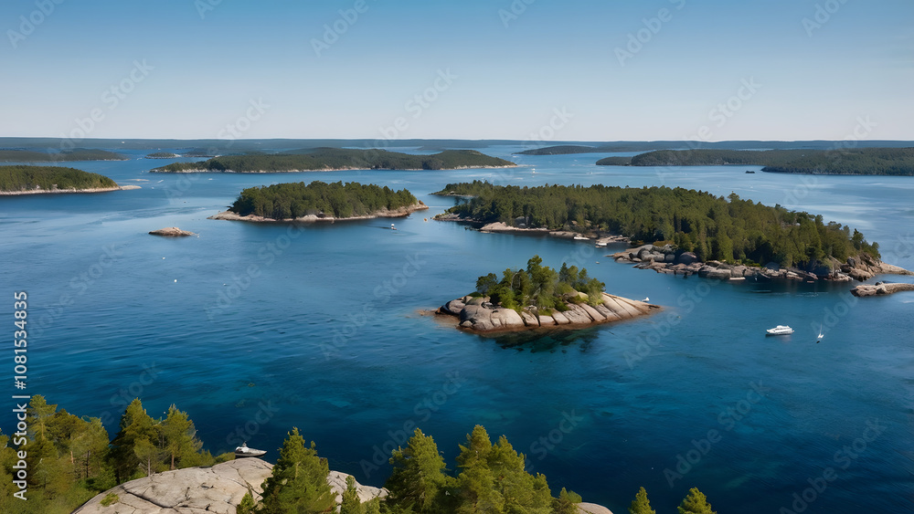 Scenic view of a Swedish archipelago on a sunny summer day, with small rocky islands covered in pine trees and boats navigating the clear blue waters Scenic view of a Swedish archipelago on a sunny summer day, with small rocky islands covered in pine trees and boats navigating the clear blue waters