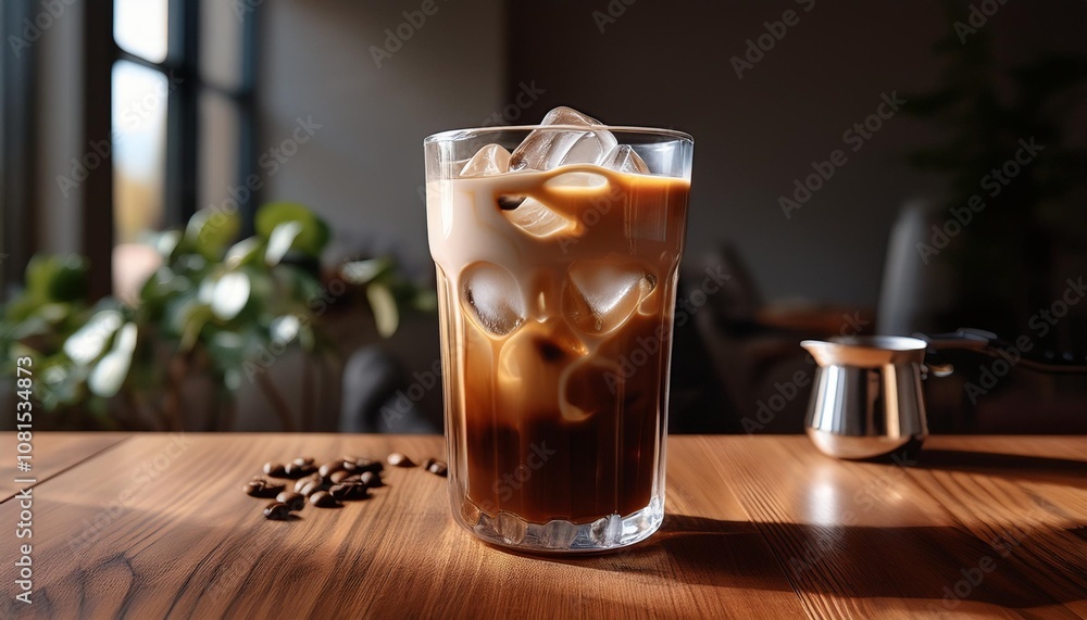 Clean and Modern Setup Featuring a Fresh Cold Brew Coffee with Ice Cubes and a Dash of Milk, Served on a Minimalist Wooden Table for a Bold and Stylish Look Clean and Modern Setup Featuring a Fresh Cold Brew Coffee with Ice Cubes and a Dash of Milk, Served on a Minimalist Wooden Table for a Bold and Stylish Look