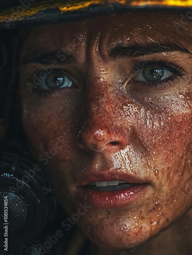 Intense Close Up of Firefighter s Face with Streaming Sweat Revealing Unwavering Determination photo