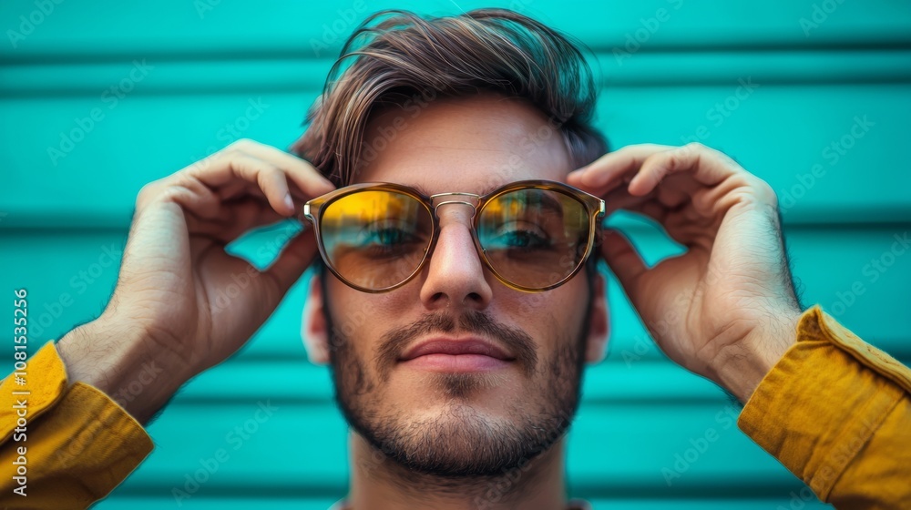 Stylish man adjusting sunglasses against turquoise wall Stylish man adjusting sunglasses against turquoise wall
