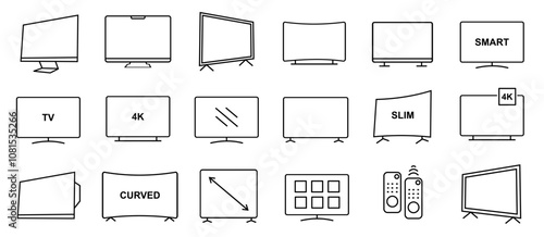 Smart TV icons set, contain such icon as monitor, screen, 4K, HD, Curve, Slim TV LED, Remote, and more. editable file