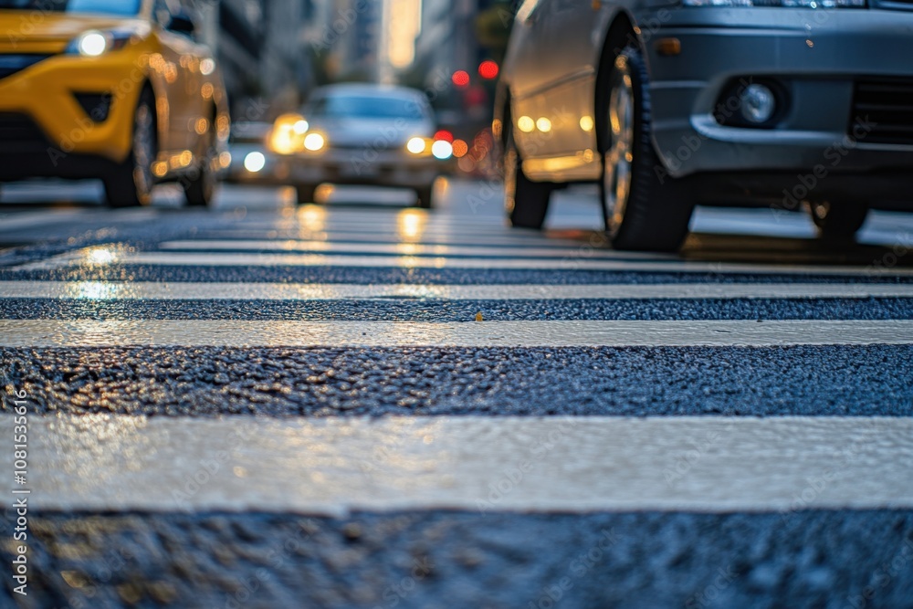 Wet crosswalk with cars driving by in the city. Wet crosswalk with cars driving by in the city.