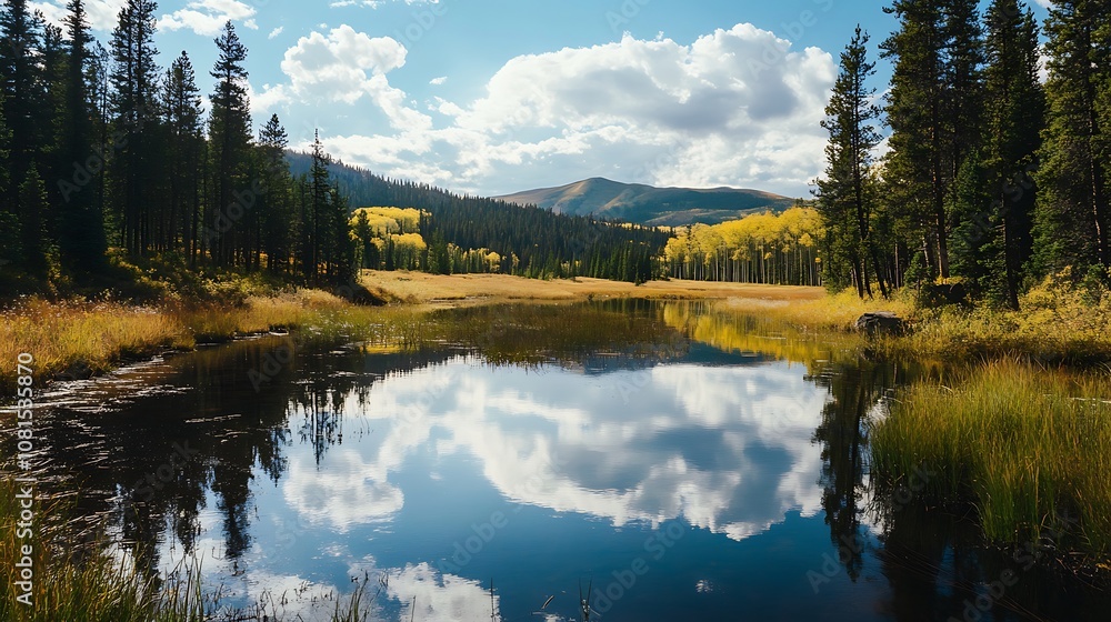 Fototapeta premium Tranquil mountain lake with reflection of blue sky and clouds, green trees, and golden grass