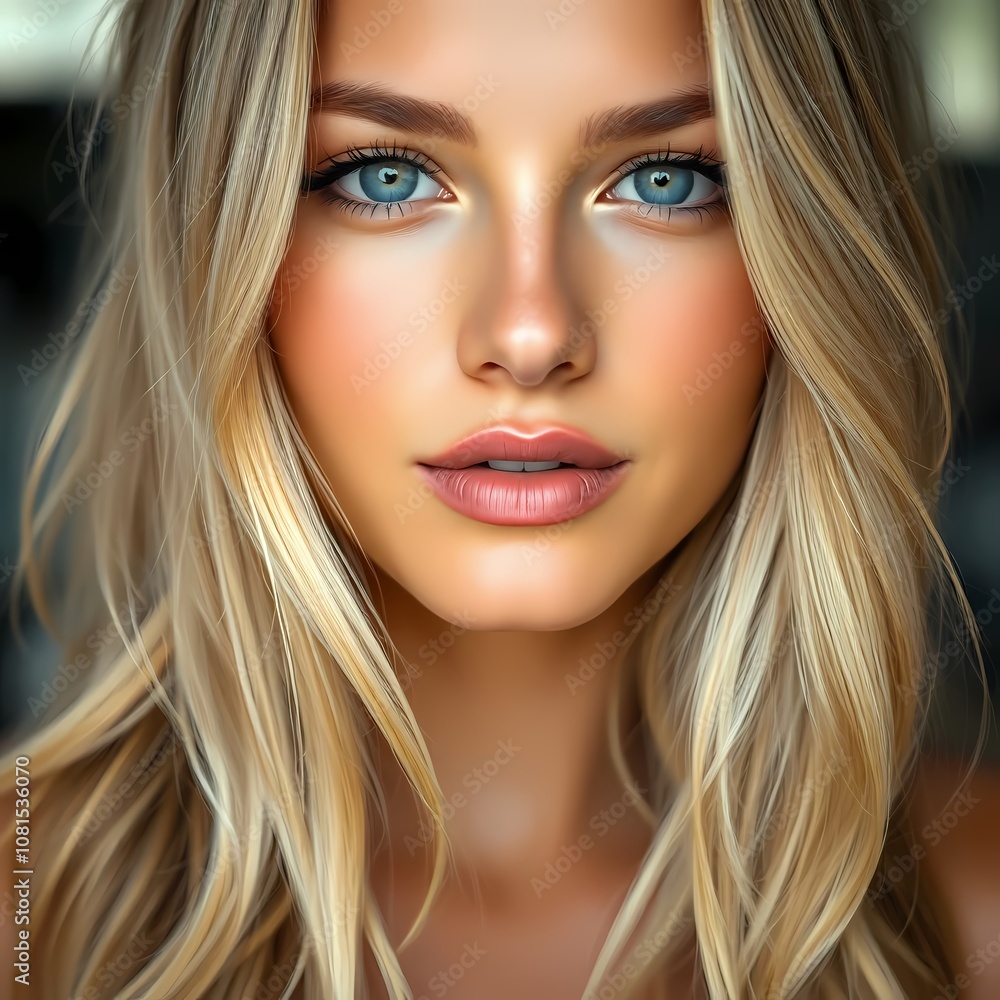 portrait of a beautiful woman with long wavy blonde hair and blue eyes. Model portrait of a beautiful woman with long wavy blonde hair and blue eyes. Model