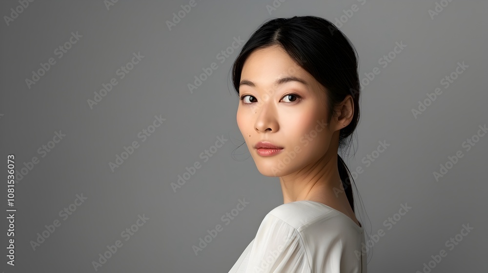 Elegant Mixed-Race Japanese-Spanish Woman Portrait in Minimalist Style Elegant Mixed-Race Japanese-Spanish Woman Portrait in Minimalist Style