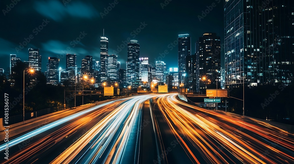 Obraz premium Night cityscape with long exposure traffic light trails on a highway in the city. Motion blur of colorful streaks of light and cityscape