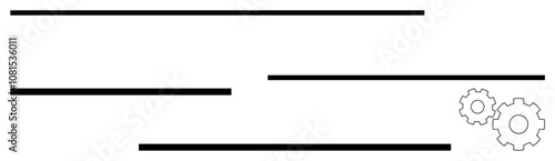 Black horizontal lines of varying lengths and two interlocking gears in the lower right corner. Ideal for process flow, progress tracking, mechanical systems, automation, engineering, project