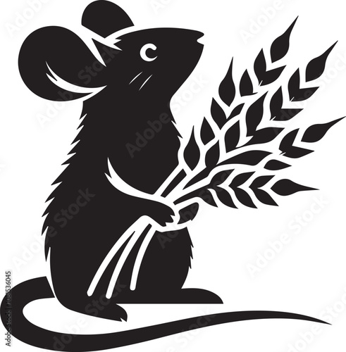 Mouse silhouette holding a bundle of wheat proud expression