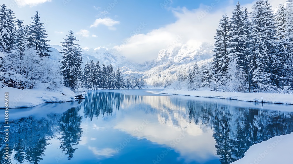 Serene Winter Wonderland Landscape with Snow Covered Trees and Crystal Clear Lake Serene Winter Wonderland Landscape with Snow Covered Trees and Crystal Clear Lake