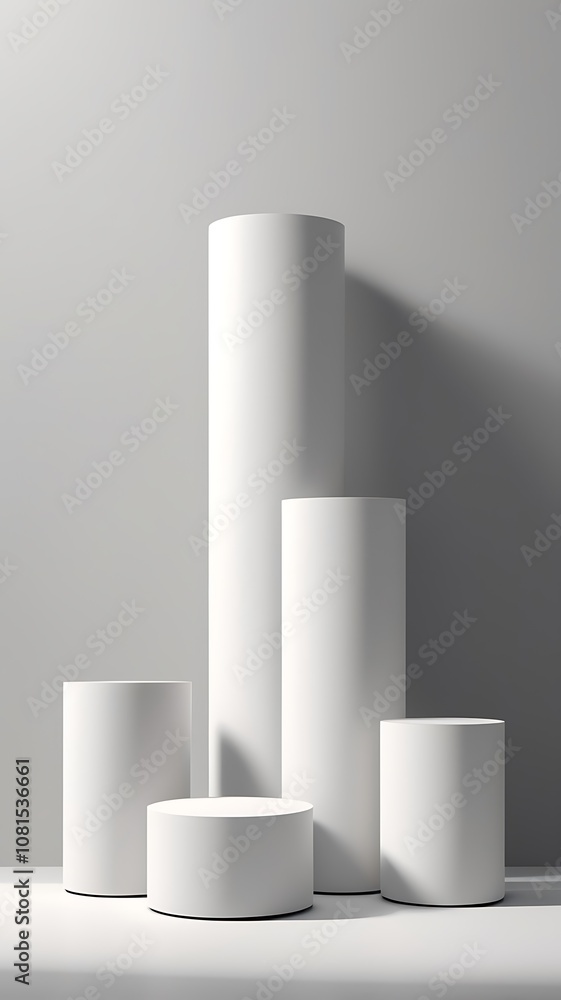 Minimalist arrangement of white cylindrical pedestals on a gray gradient background Minimalist arrangement of white cylindrical pedestals on a gray gradient background