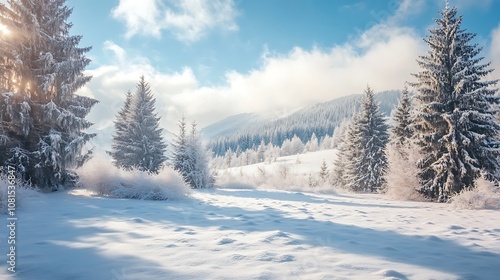 Snowy winter landscape with snow covered trees and sun shining through clouds