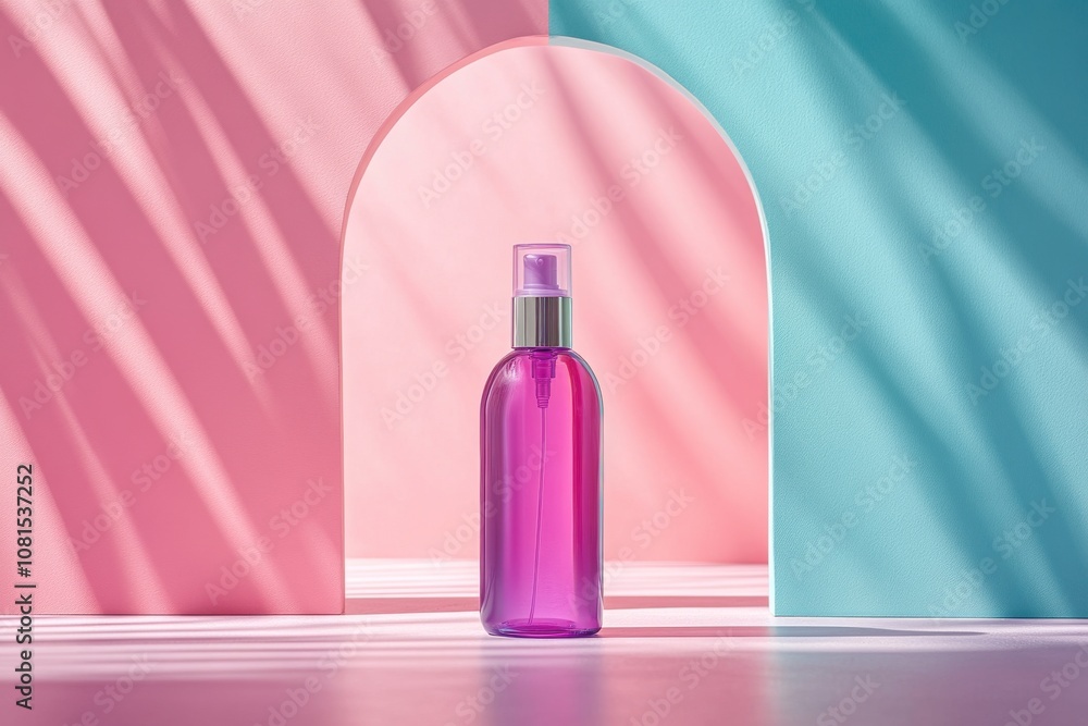 A bottle of perfume is sitting in front of a pink and blue archway A bottle of perfume is sitting in front of a pink and blue archway