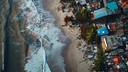 Panoramic aerial view of a coastline battered by a storm surge, with waves crashing into buildings along the shore. Trees are uprooted, and debris is scattered photo