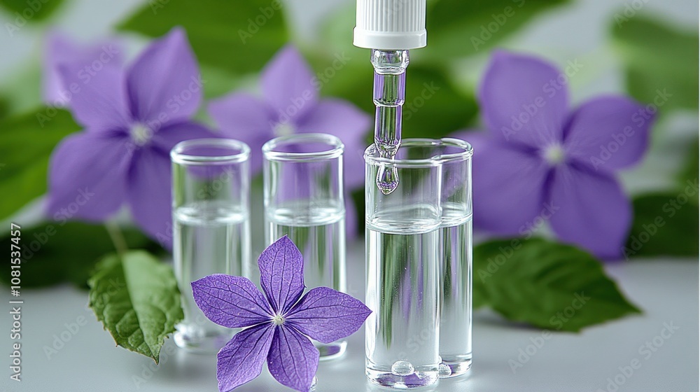 Dropper bottle dispensing liquid into glass vials with purple flowers in the background. Dropper bottle dispensing liquid into glass vials with purple flowers in the background.