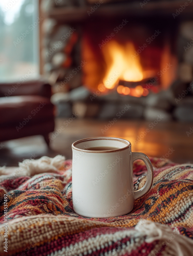 A cozy mug of tea rests on a blanket in front of a roaring fireplace. A cozy mug of tea rests on a blanket in front of a roaring fireplace.
