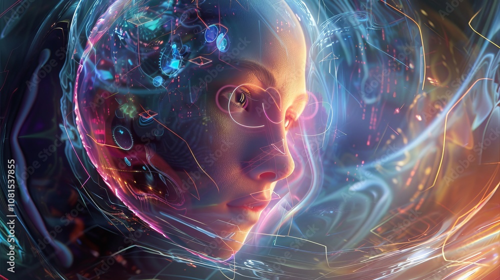 Futuristic Vision of a Human Head Encased in a Translucent Dome, Holographic Projections Creating a Surreal Display of Memories and Desires Futuristic Vision of a Human Head Encased in a Translucent Dome, Holographic Projections Creating a Surreal Display of Memories and Desires