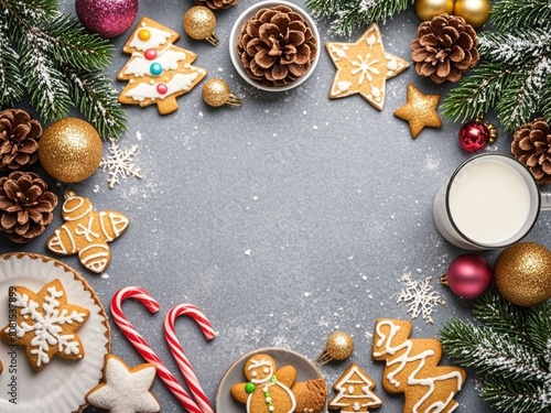 Obraz na płótnie Christmas background with blank space for text, variety of Christmas cookies, milk and xmas decorations: Christmas tree, balls, candy cane, pine cones, stars. w salonie