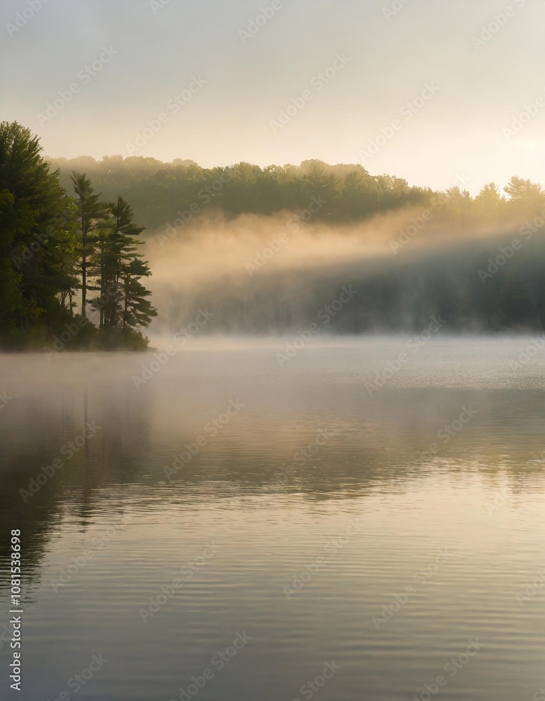 Misty Morning on a Tranquil Lake With Rolling Fog Hovering Over the Water and a Distant Forest Just Visible Through the Hazy Light of Dawn Misty Morning on a Tranquil Lake With Rolling Fog Hovering Over the Water and a Distant Forest Just Visible Through the Hazy Light of Dawn