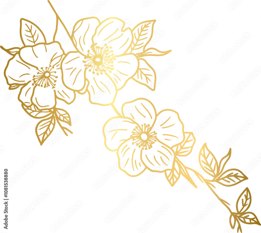 Golden Simple Wild Flower Doodle lIne Art Golden Simple Wild Flower Doodle lIne Art