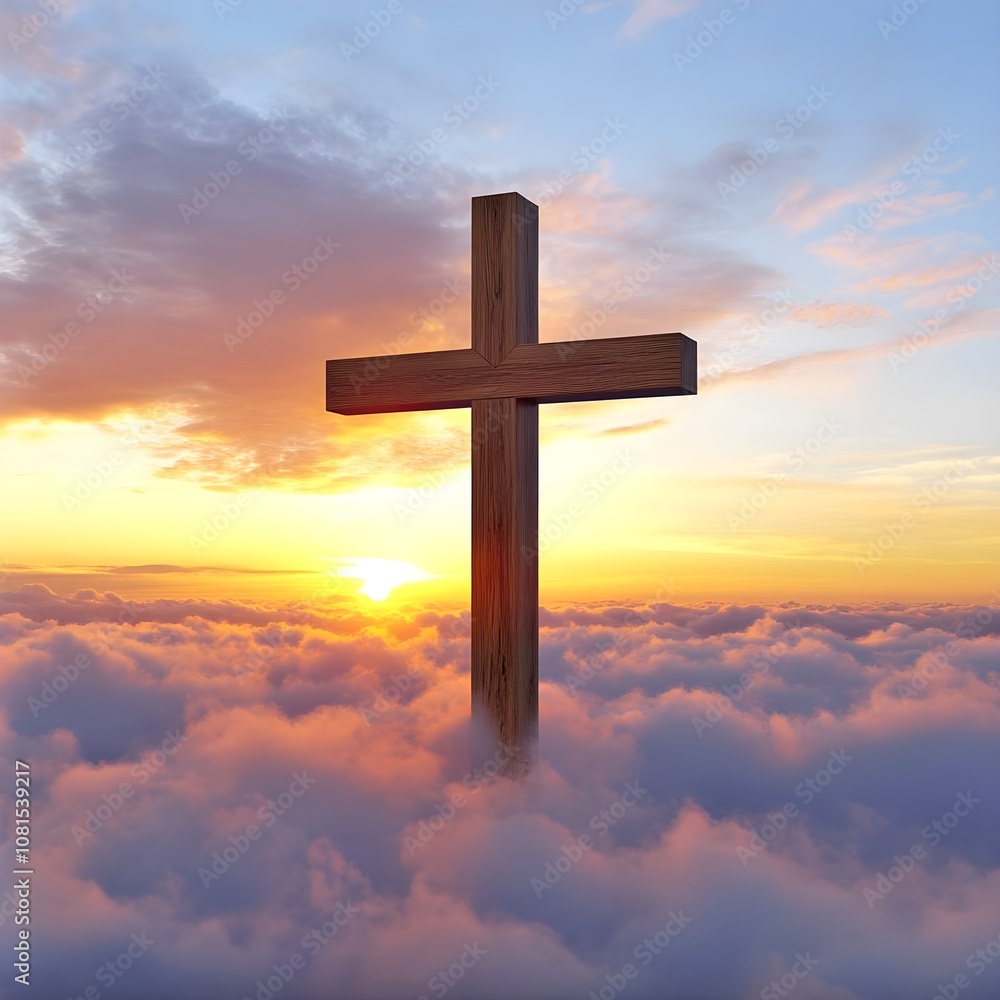 Wooden cross standing above clouds with a beautiful sunset sky background. Wooden cross standing above clouds with a beautiful sunset sky background.