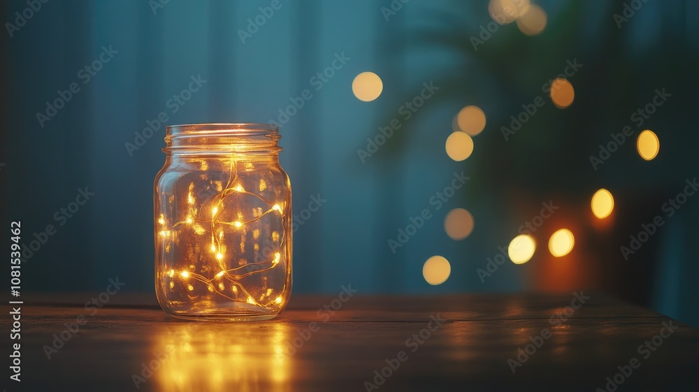 Glowing fairy lights in jar on wooden table, creating cozy ambiance with blurred background Glowing fairy lights in jar on wooden table, creating cozy ambiance with blurred background