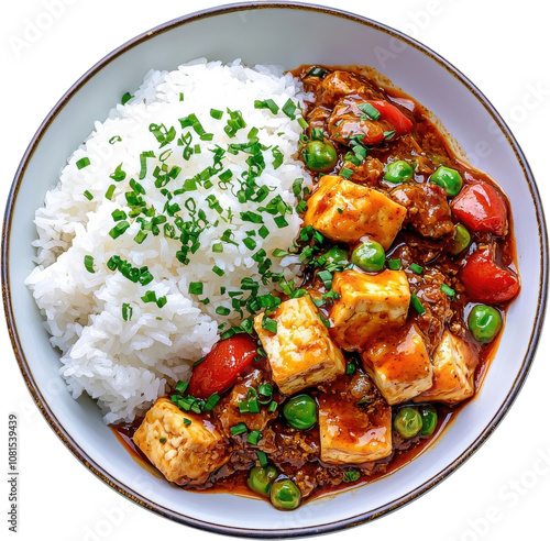 Chinese food clipart. Delicious stir-fry tofu with rice, featuring vibrant vegetables and garnished with chives.