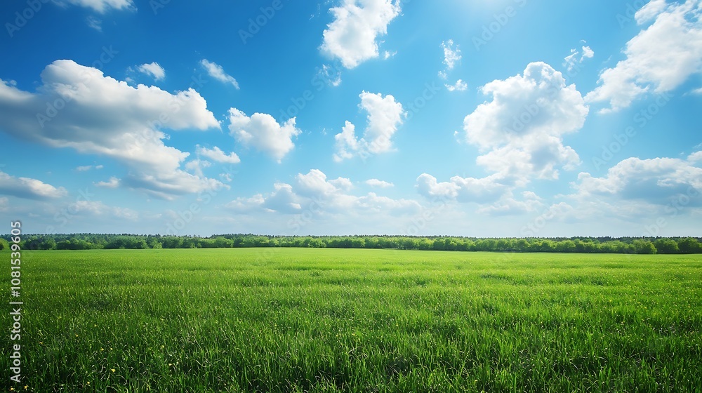 Green grass field under a bright blue sky with fluffy white clouds, serene and peaceful nature scenery.  