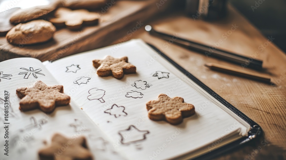Star-shaped cookies on notebook with drawings, pencils table Star-shaped cookies on notebook with drawings, pencils table