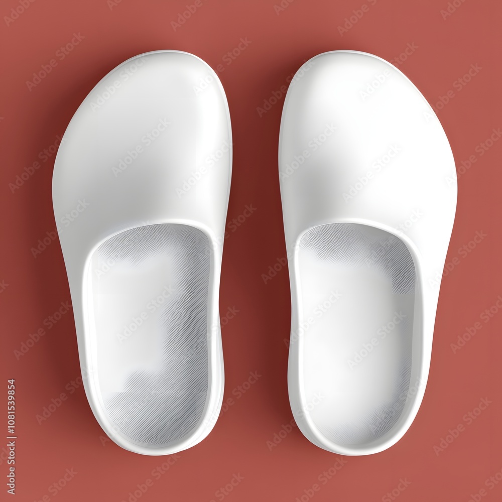 A pair of white, minimalist slippers displayed on a solid background. A pair of white, minimalist slippers displayed on a solid background.