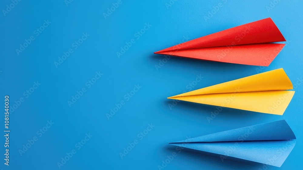 Obraz premium Three colorful paper planes fly against blue background