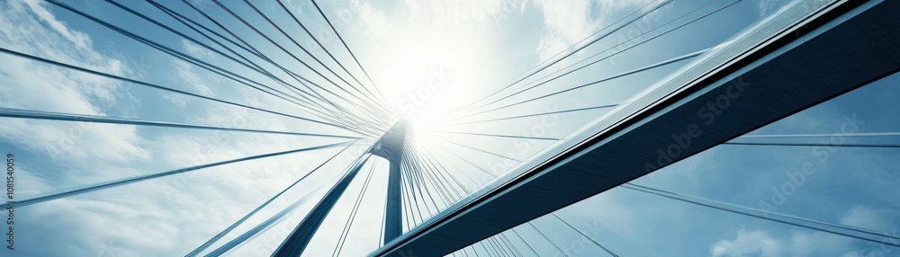 Obraz premium A striking view of a modern suspension bridge against a bright sky.