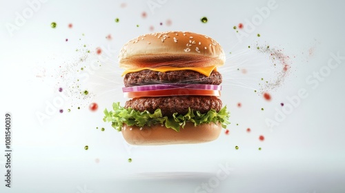 A deconstructed hamburger with each layer suspended, surrounded by quantum energy waves, photo