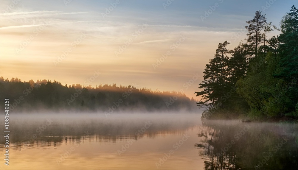 Misty Morning on a Tranquil Lake With Rolling Fog Hovering Over the Water and a Distant Forest Just Visible Through the Hazy Light of Dawn Misty Morning on a Tranquil Lake With Rolling Fog Hovering Over the Water and a Distant Forest Just Visible Through the Hazy Light of Dawn