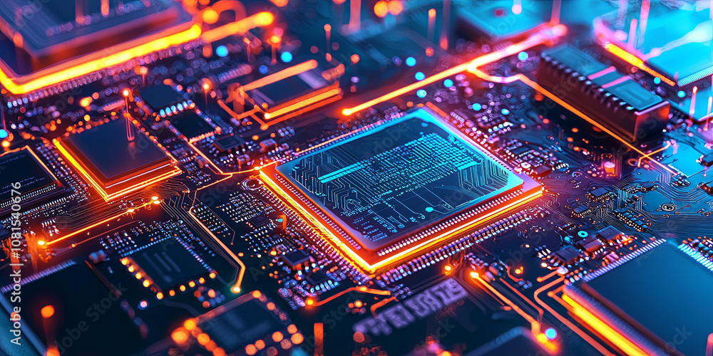 Close up of an integrated circuit on the motherboard, generative AI Close up of an integrated circuit on the motherboard, generative AI